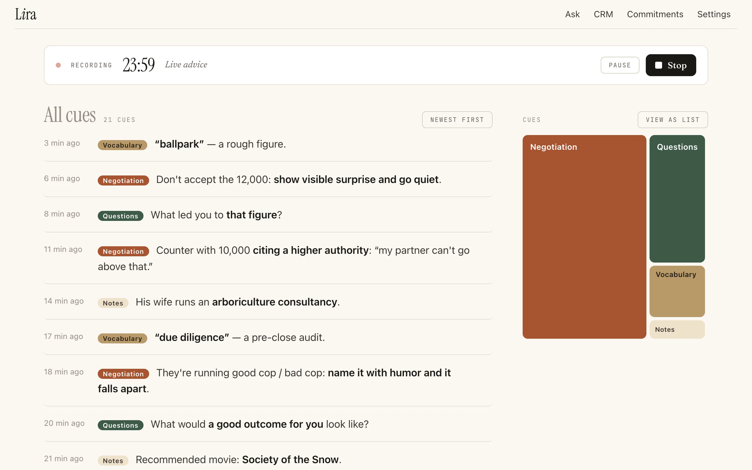 Lira's window during a call: the live advice board.
